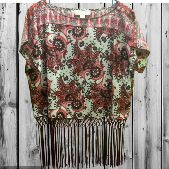 Michael Kors Coral and Cream Paisley Off-Shoulder Fringe Top M - Picture 2 of 10